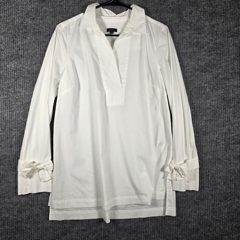Talbots Womens L Ivory Tunic Blouse Bow Cuff Long Sleeve Popover Top